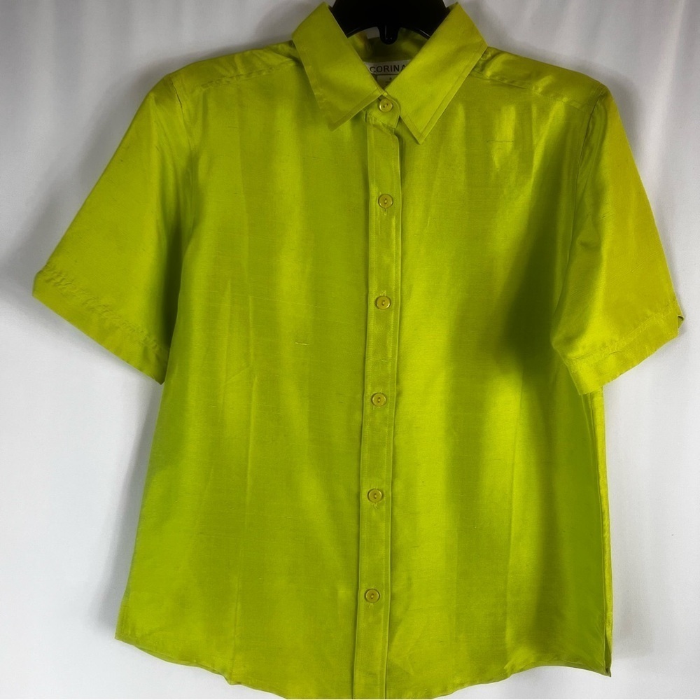 Corina modest Preppy 100% Silk Top Blouse S 
Button Bright Green  Shirt
